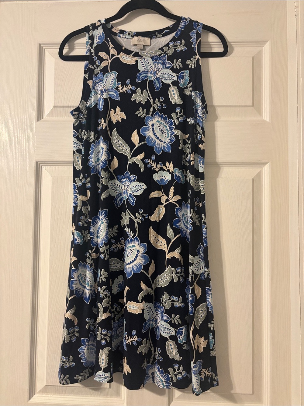 LOFT Navy Floral A-Line Dress with Blue and Cream Blooms